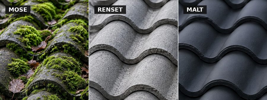 Takstein: mose, renset og malt tak side om side – TakMoseFri